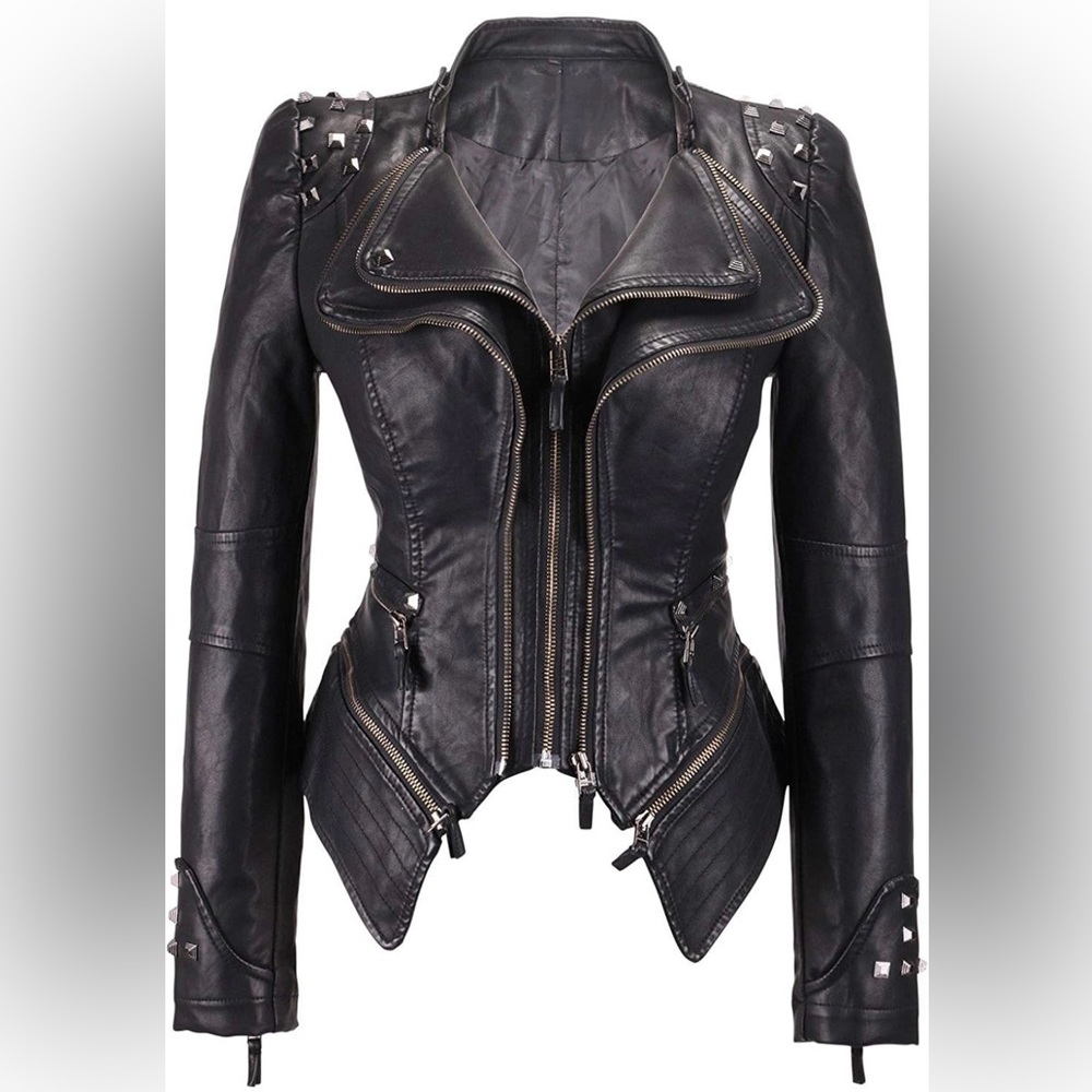 Women’s Studded Faux Leather Biker Jacket. Size: 4XL.